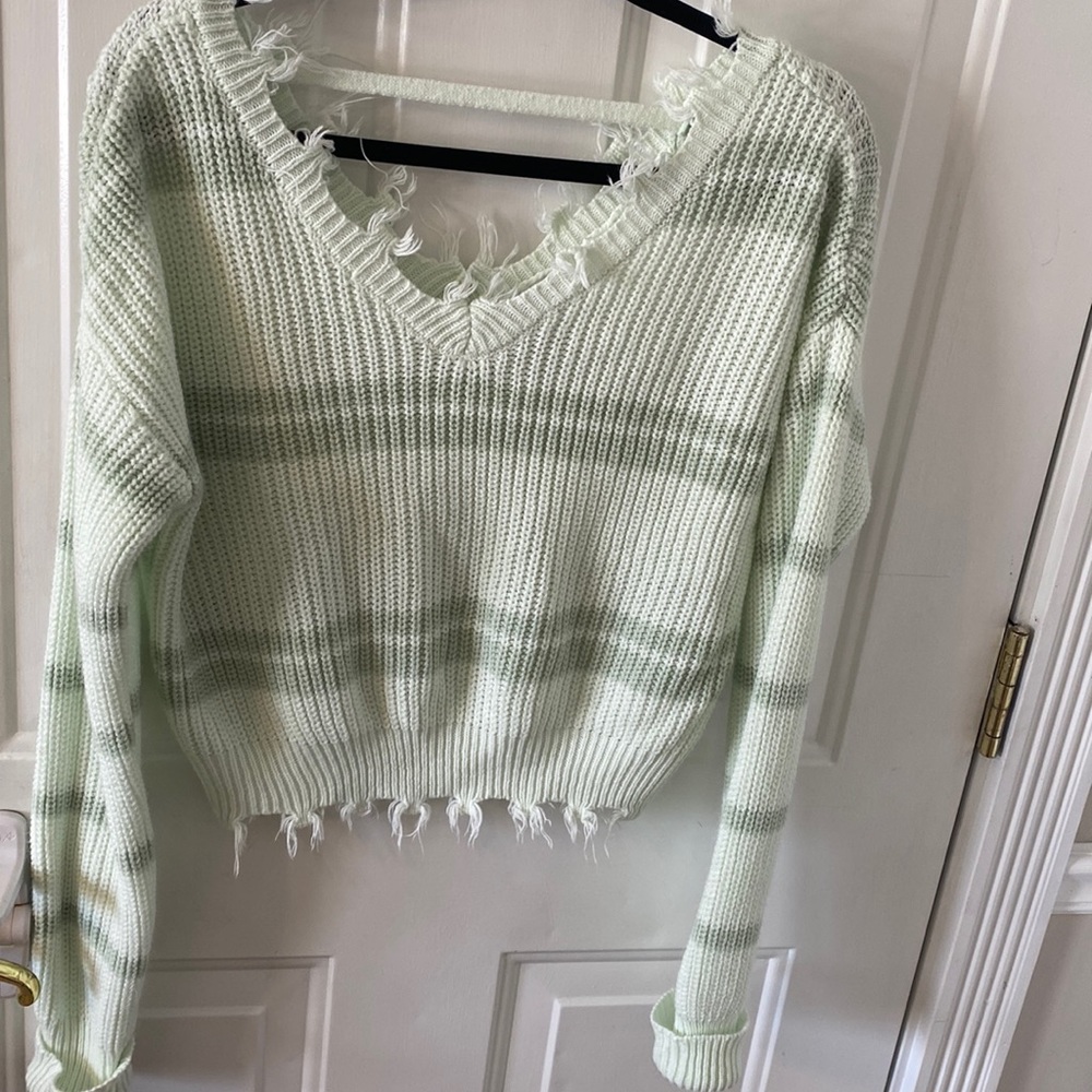 women’s V-neck sweater, fringe at neck and waist, light Tiffany blue